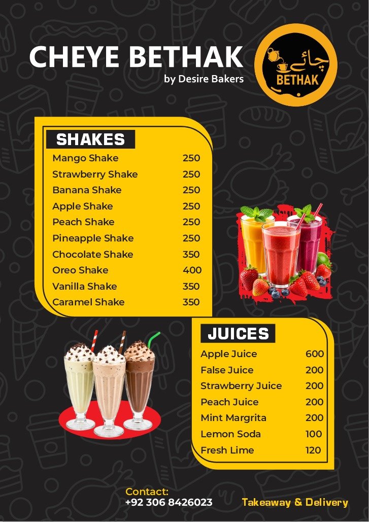 Chai Bethak shakes and juices menu with prices